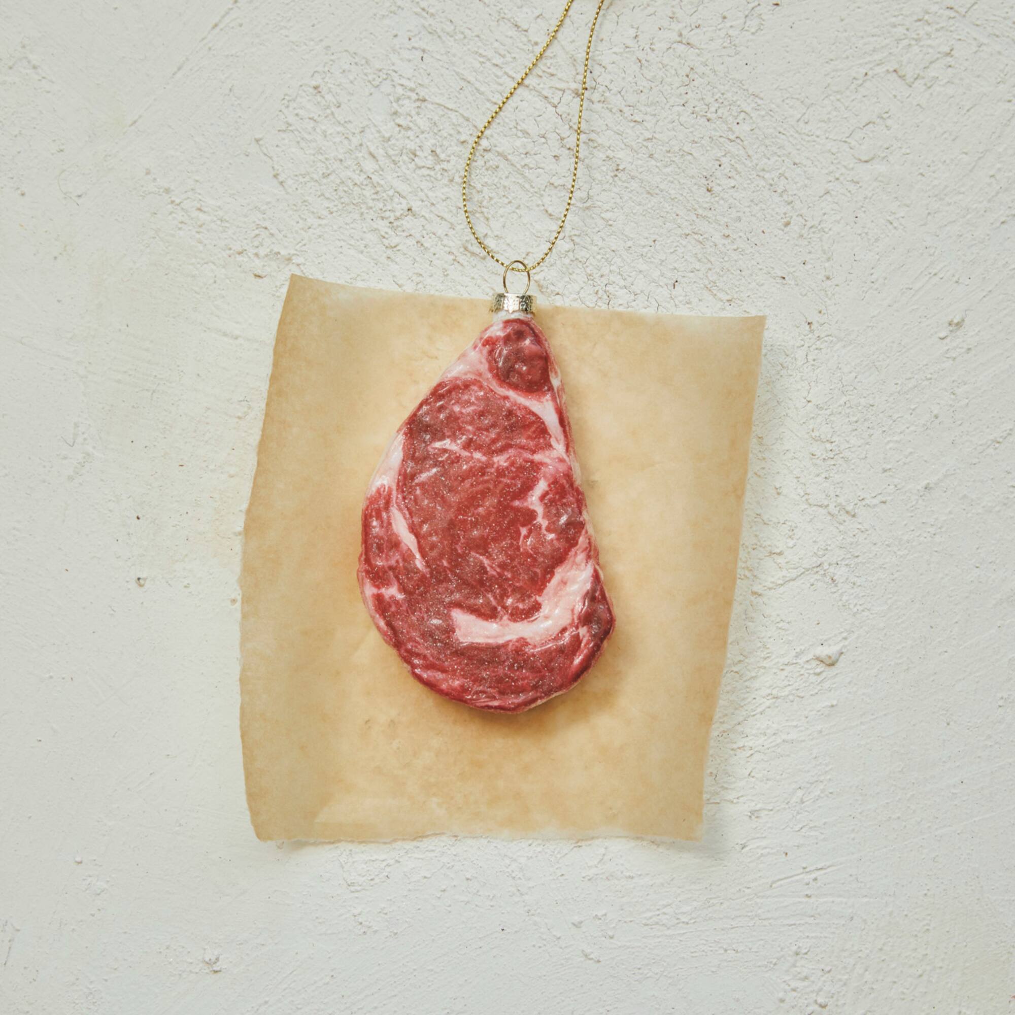 Hello Honey® 4.75" Glass Red Rib Eye Steak Ornament with Glitter